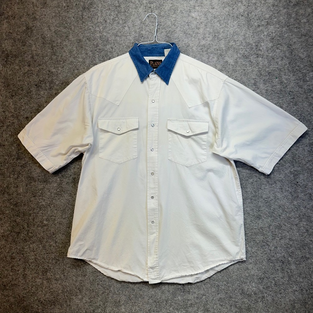 Plains Western Wear Shirt Men Size Large White Denim Collar Pearl Snap Short Slv